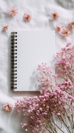 A blank notebook rests on light surface, surrounded by clusters of soft pink and white flowers, creating a tranquil and inspiring scene for writing..の素材