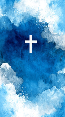 Abstract design showcases a bright white cross at the center, surrounded by vibrant blue and white clouds. The artwork conveys a sense of tranquility and spirituality.の素材