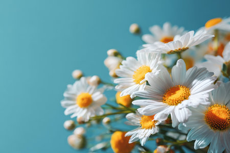 A collection of white daisies with yellow centers gathers beautifully, set against a vibrant blue backdrop, adding a fresh and joyful touch to any space.の素材