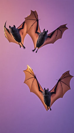 Three bats are flying gracefully against a stunning purple and pink sunset sky. This scene captures the essence of wildlife in flight during the evening hours..の素材