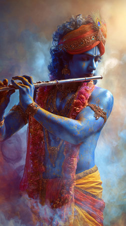 A musician dressed as Lord Krishna plays a flute, surrounded by colorful smoke. This scene captures the essence of a cultural celebration in India, full of life and tradition.の素材