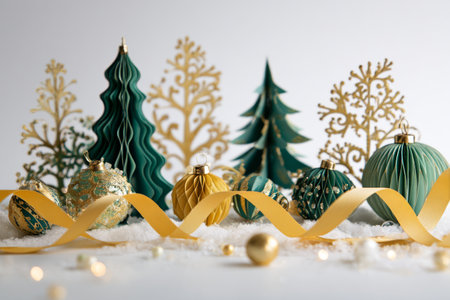 Colorful paper trees and shiny ornaments create a festive display on a white snowy background. Golden ribbons flow through the setting, adding warmth to the holiday scene.の素材