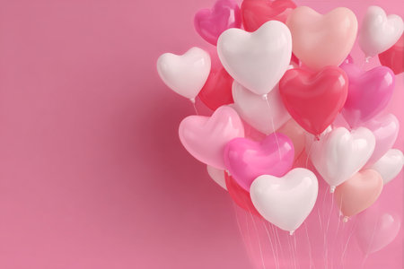 A collection of heart-shaped balloons in shades of pink and red fills the scene, perfect for parties, weddings, or romantic events. The soft background enhances their cheerful appearance..の素材