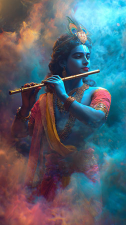 A musician dressed as Lord Krishna plays a flute, surrounded by colorful smoke. This scene captures the essence of a cultural celebration in India, full of life and tradition..の素材