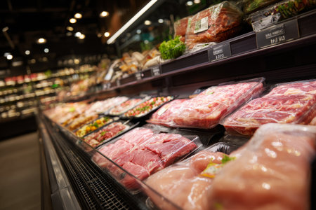 Various types of meat are neatly arranged in a supermarket refrigerator. Shoppers can choose from chicken, beef, and pork, showing vibrant colors and appealing packaging..の素材
