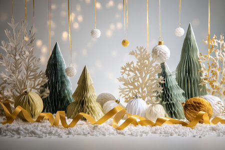 Colorful paper trees and shiny ornaments create a festive display on a white snowy background. Golden ribbons flow through the setting, adding warmth to the holiday scene..の素材