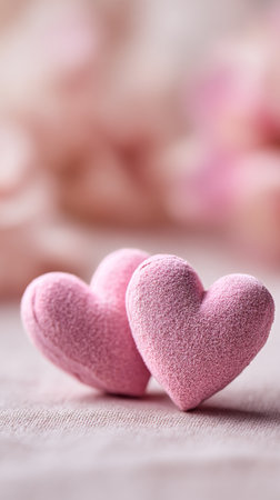 Two soft pink heart-shaped candies rest gently on a light surface, setting a charming mood for any occasion. The background features a soft blur, enhancing their delightful appearance.の素材