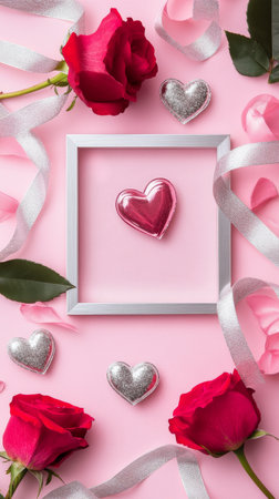 A beautiful flat lay arrangement features red roses, pink and silver hearts, and ribbons on a soft pastel background, creating a charming romantic scene perfect for celebrations.の素材