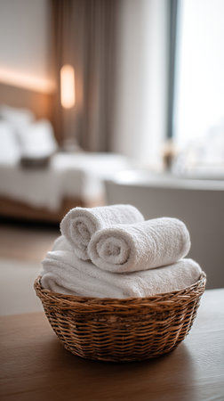 Freshly rolled white towels sit in a woven basket, adding a touch of comfort to the stylish bathroom with natural light pouring in through the large windows..の素材