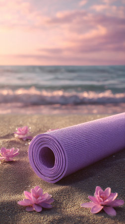 A purple yoga mat lies on the sand, surrounded by pink lotus flowers. The calm ocean waves gently lap at the shore as the sun sets, casting warm colors across the sky..の素材