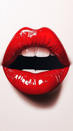 Glossy red lips present a bold statement against a smooth surface. The vibrant color highlights the perfect shape and shine of the lips, creating a striking visual effect.の素材