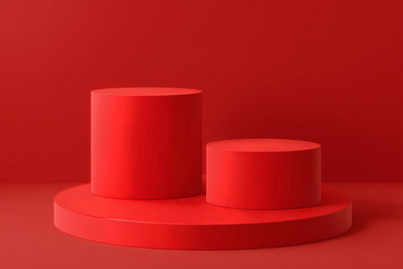 Two red cylindrical shapes sit on a matching circular base against a completely red backdrop, showing a minimalist artistic design. This setting highlights simplicity and color..の素材