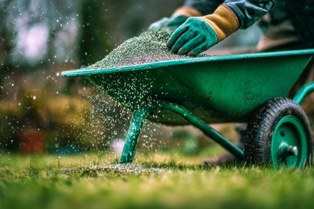In a sunny garden, a gardener in gloves spreads fertilizer from a wheelbarrow onto lush green grass, promoting healthy growth. The scene captures the essence of caring for plants..の素材