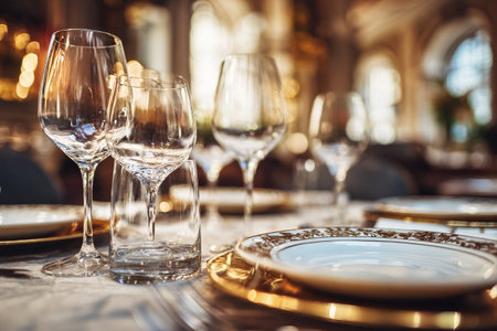 A beautifully arranged dinner table with polished glassware and plates, surrounded by soft lighting and a floral centerpiece as the sun sets in the background..の素材
