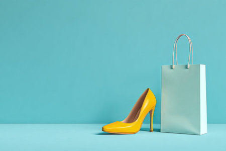 A vibrant yellow high heel rests next to a simple light blue shopping bag on a smooth blue surface. The scene showcases stylish footwear and minimalistic design.の素材