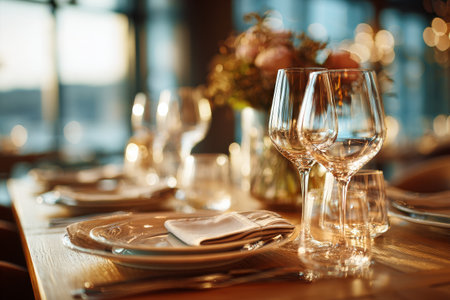 A beautifully arranged dinner table with polished glassware and plates, surrounded by soft lighting and a floral centerpiece as the sun sets in the background.の素材