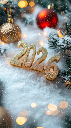Sparkly numbers 2026 rest on a snowy surface, surrounded by pine branches and sparkling ornaments, creating a festive atmosphere for the New Year season.の素材