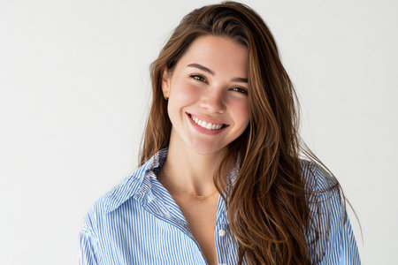 A joyful young woman with long, wavy hair beams with happiness while wearing a blue striped shirt. The bright and simple background enhances her cheerful expression.の素材