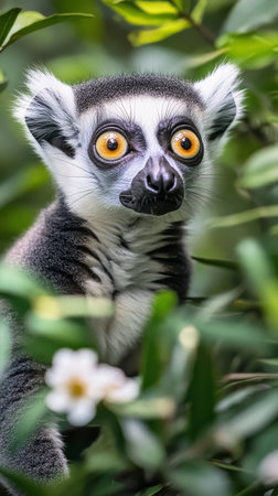 A lemur peers curiously from behind vibrant yellow flowers, surrounded by lush green leaves in a tropical environment. Its large, expressive eyes capture attention..の素材