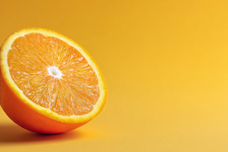 A fresh orange slice rests on a smooth yellow surface. The bright color highlights the fruity texture and natural juices. This visually appealing scene is perfect for food lovers.の素材