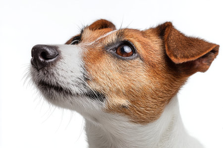A small dog with brown and white fur lies on a white surface, gazing up with curiosity. Its ears are perked, showing alertness and fun..の素材