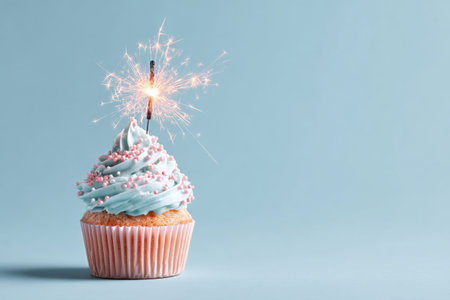 A colorful cupcake topped with blue frosting and pink sprinkles has a sparkler igniting on top. The light blue background adds to the cheerful celebration atmosphere, perfect for parties.の素材