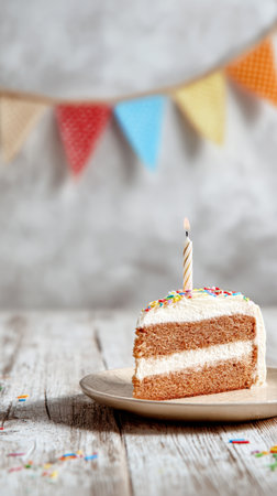 A slice of birthday cake topped with a single candle sits on a plate. Colorful bunting hangs in the background, creating a joyful atmosphere for a celebration.の素材