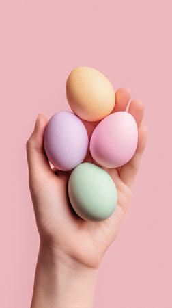 A hand holds four pastel-colored eggs in shades of blue, pink, green, and yellow against a soft pink background, signifying the joy of spring festivities.の素材