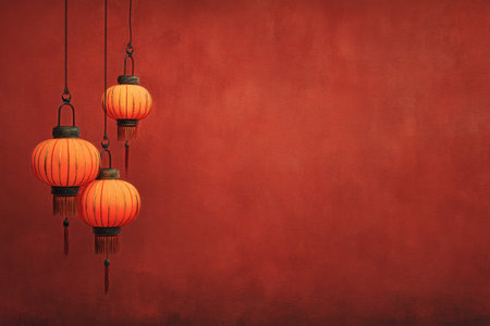 Soft light flows from three ornate lanterns hanging against a rich red wall, creating a warm and inviting atmosphere perfect for an evening gathering..の素材
