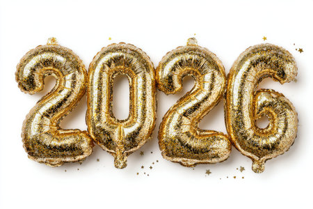 Gold balloons shaped as the numbers 2026 are decorated with colorful confetti and sparkling accents. They create a festive atmosphere for welcoming the new year..の素材