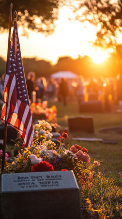 A beautiful sunset lights up a cemetery adorned with flowers and an American flag, as people gather to honor veterans during a special celebration.の素材