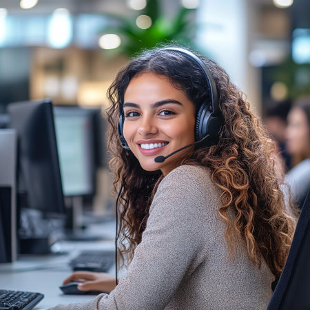 A young woman with curly hair wears a headset and smiles as she works at her computer in a lively office setting filled with colleagues. She is focused and engaged in her task..の素材