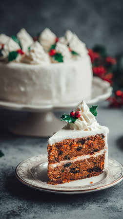 A slice of carrot cake topped with cream frosting, festive holly leaves, and berries sits on a plate. The background features holiday greenery, creating a warm, inviting atmosphere..の素材