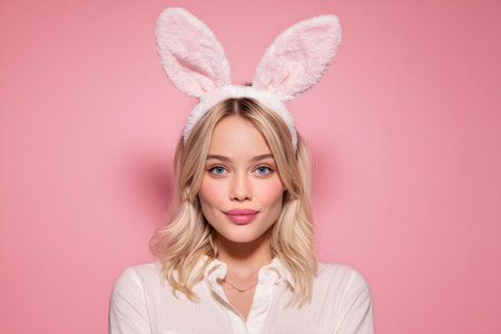 A young woman smiles while donning fluffy bunny ears in front of a bright pink background. She radiates joy and fun, perfect for a spring-themed event.の素材