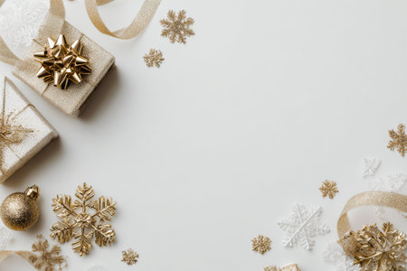 Golden gift boxes surrounded by snowflakes and ribbons create a cheerful atmosphere for holiday festivities. Perfect display for celebrations with friends and family..の素材