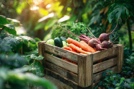 Colorful vegetables are gathered in a wooden crate, surrounded by lush greenery. The warm sunlight creates a serene atmosphere in the garden, highlighting natures bounty..の素材