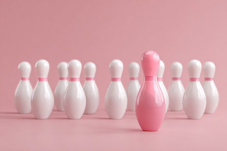 A unique pink bowling pin is positioned in front of a set of eight white bowling pins against a soft pink background, creating a playful and colorful contrast..の素材
