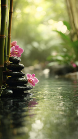 A serene scene features stacked stones and vibrant pink orchids beside calm water. Lush greenery surrounds the area, creating a peaceful atmosphere ideal for relaxation and meditation.の素材