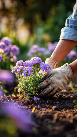 Gardeners are planting vibrant purple flowers in the soil, showing care and dedication on a bright sunny day. Soft sunlight enhances the colors and atmosphere..の素材