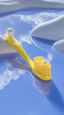 A striking scene showcases a yellow toothbrush placed next to a pearl necklace on a smooth blue surface. The setting conveys a calm and artistic atmosphere with gentle curves..の素材