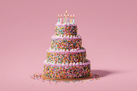 A tall, colorful layered cake stands on a round white platter..の素材