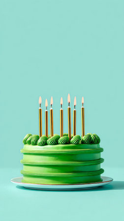 A vibrant green cake has golden candles standing tall on top. It rests on a white plate against a turquoise background, ready for a joyous celebration.の素材