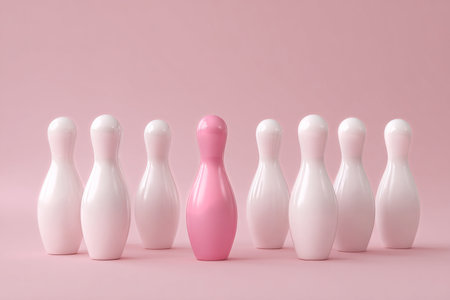 A unique pink bowling pin is positioned in front of a set of eight white bowling pins against a soft pink background, creating a playful and colorful contrast.の素材