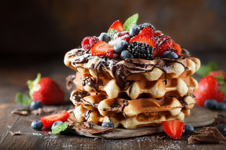Delicious waffles are stacked high, topped with chocolate spread, fresh strawberries, blueberries, and mint leaves. The setting feels warm and inviting, perfect for breakfast or dessert.の素材