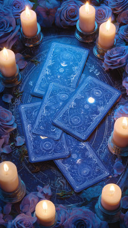 Tarot cards are displayed on an ornate table surrounded by candles and purple roses. The scene captures a mystical ambiance perfect for divination or spiritual reflection at night..の素材