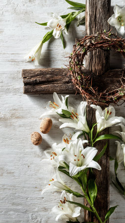 White lilies surround a crown of thorns placed on a rough wooden cross, illuminated by soft, natural light, creating a serene and reflective atmosphere..の素材
