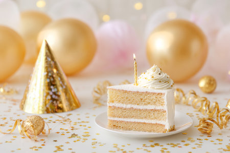 A slice of layered cake with frosting and a single candle sits on a plate. In the background, balloons and party decorations create a cheerful atmosphere for a celebration.の素材