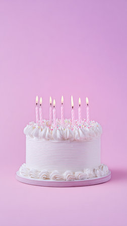 A round birthday cake with fluffy pink frosting sits on a glass plate. Pink candles are lit on top, creating a joyful mood suitable for a celebration..の素材