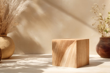 A wooden block sits on a clean surface, surrounded by dried flowers arranged in plain vases. Soft shadows create a calm and warm atmosphere in the setting.の素材