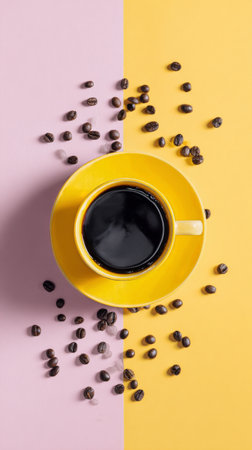 A bright yellow cup holds freshly brewed coffee on a soft pink and yellow backdrop. Roasted coffee beans are scattered around the cup, adding a cozy touch to the scene.の素材